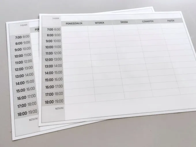 Weekly planner dry-erase board 299 Polish version - Simple grid with hours and days of the week.