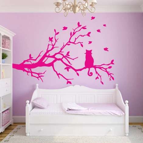 Cat painting template on a branch 2382 - Bedroom decor with light walls and white furniture.
