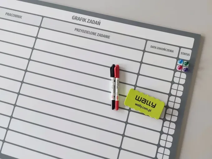 Magnetic task board with a graphic design. Simple grid with fields for writing.