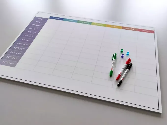 Magnetic dry-erase weekly planner board with hours - English design. Simple grid layout with days.