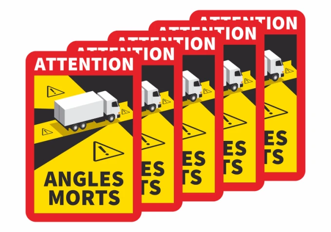 Dead Zones Sticker France - truck blind spots - set of 5. Graphic design with yellow background, black road, and white truck.