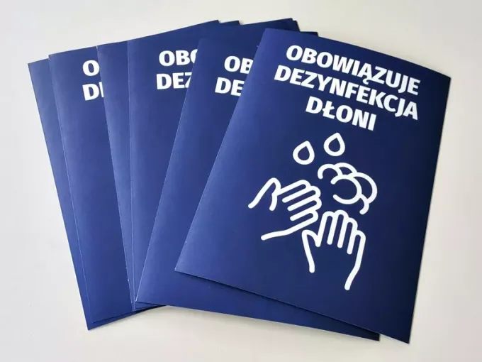 Hand Sanitization Required Sticker N488 - Graphic design with white hands and droplets on a dark blue background.