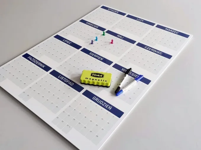 Universal dry-erase magnetic calendar board 352 - Graphic design with rectangular fields for month names.