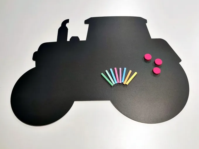 Chalkboard magnetic board for kids, tractor design with large wheels and space for chalk.
