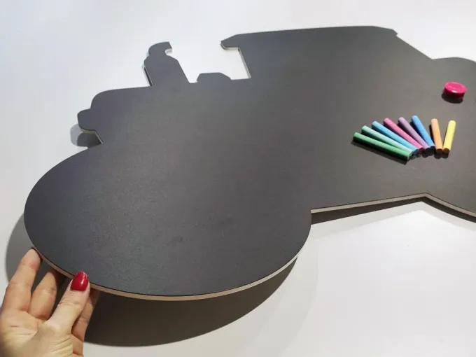 Chalkboard magnetic board for kids, tractor design with rounded edges and colorful finish.
