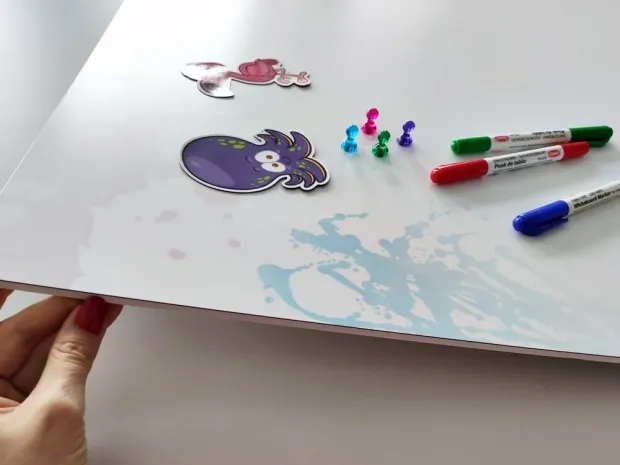 Dry-erase magnetic board for kids, watercolor design 580. Features colorful stickers on a white background.