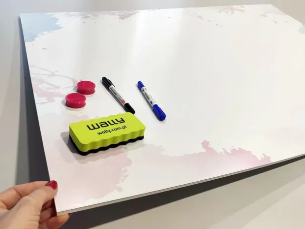Dry-erase magnetic board for kids, watercolor design. White background with soft pink splashes.
