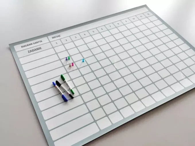 Magnetic whiteboard with Gantt chart, annual diagram divided by months, 111 - graphic design, simple grid.