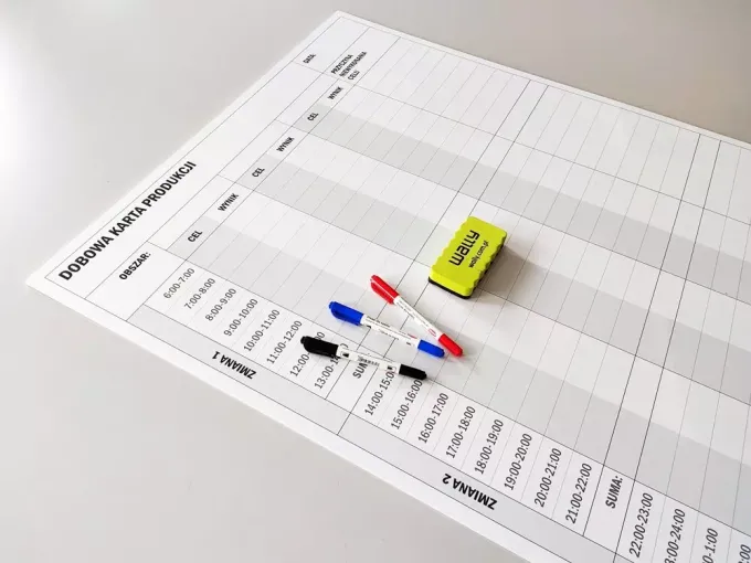 Daily production lean whiteboard 069 - Graphic design. Simple grid with columns and rows, space for notes.