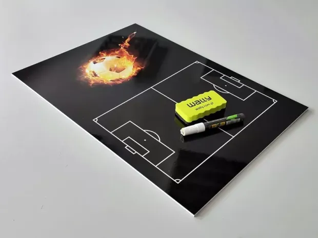 Tactical coaching board for soccer, dry-erase, featuring a graphic of a field with lines and a ball.
