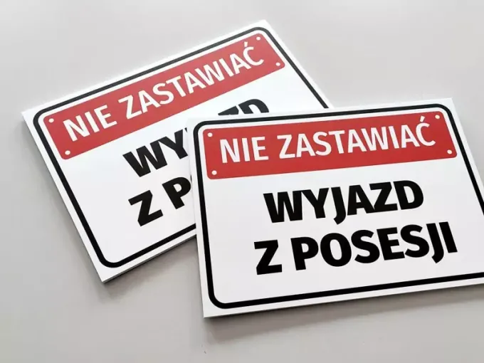 No Parking, Exit from Property - Graphic Design. Simple style, large black text on white background with red accents.