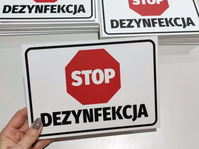 Stop Disinfection Sign T569 - Red octagon with STOP text and black DEZYNFEKCJA lettering.