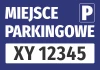 Parking space sticker with vehicle registration field - graphic design. Blue background with white text and box.