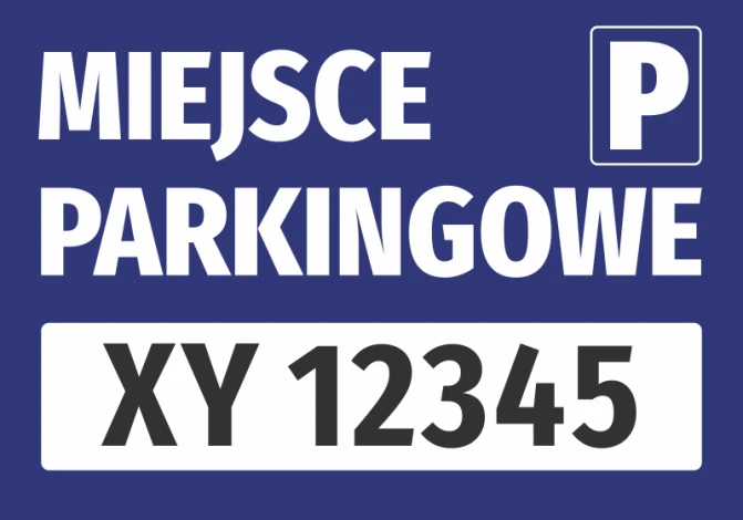 Parking space sticker with vehicle registration field - graphic design. Blue background with white text and box.
