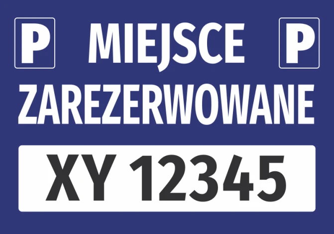 Reserved parking sticker with space for vehicle registration number - Graphic design. Blue background with white text.