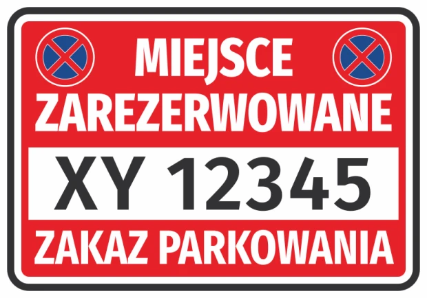 Reserved parking sticker N619 with space for vehicle registration number - Graphic design. Red background.