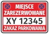 Reserved parking sticker N619 with space for vehicle registration number - Graphic design. Red background.