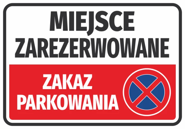 Reserved parking sticker - graphic design. Rectangle with white background, red stripe, and symbol.