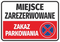 Reserved parking sticker - graphic design. Rectangle with white background, red stripe, and symbol.