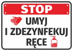 Wash and disinfect hands sticker - Graphic design. Red STOP text, gloved hands, and a bottle of liquid.