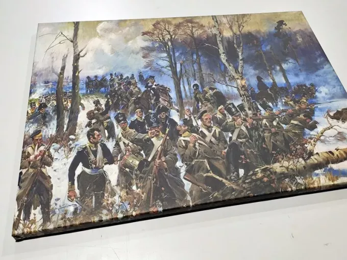 Reproduction of the Battle of Olszynka Grochowska by Wojciech Kossak. Fighting scene with soldiers in a winter landscape.