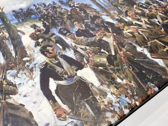 Reproduction of Battle of Olszynka Grochowska by Wojciech Kossak. Scene depicts soldiers in winter.