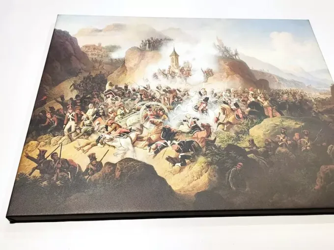 Battle of Somosierrra reproduction by January Suchodolski. Dynamic scene with soldiers, horses, and smoke.