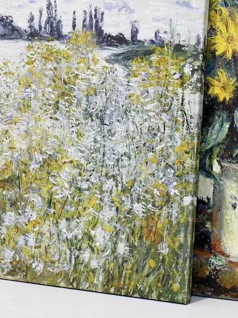 Reproduction of Ile aux Fleurs near Vetheuil by Claude Monet. Flowers in shades of yellow and white, water background.