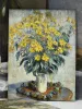Reproduction of Jerusalem Artichoke Flower by Claude Monet - Graphic pattern with flowers in a vase, yellow petals, green leaves.