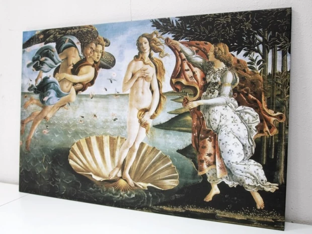 Reproduction of La Nascita di Venere by Sandro Botticelli - Graphic design featuring figures in motion, shell, water, and foliage.