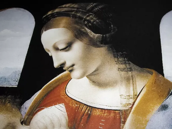 Madonna Litta reproduction by Leonardo Da Vinci - Graphic design featuring a woman with a gentle expression and window backdrop.