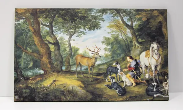 Reproduction of Miracle of Saint Hubert by Peter Paul Rubens - Forest scene with a deer, a man, and dogs.