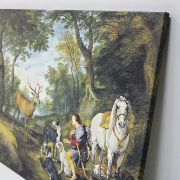 Reproduction of Miracle of Saint Hubert by Peter Paul Rubens. Artwork features a man with horses and dogs.