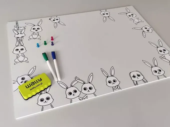Dry-erase magnetic board for kids featuring rabbits - Graphic design with rabbit illustrations on a white background.