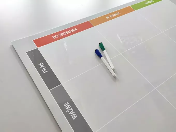 Kanban lean board dry-erase board 138 - Graphic design with rectangular fields in various colors and labels.