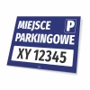Parking sign with space for vehicle registration number - Graphic design. Blue background with white text and field.