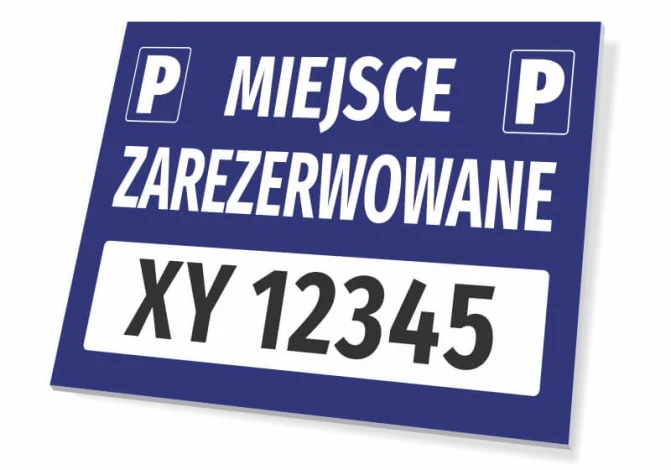 Reserved parking sign with space for vehicle registration number - Rectangular design in blue.