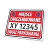 Reserved parking sign T619 with space for vehicle registration number - Graphic design. Red background.
