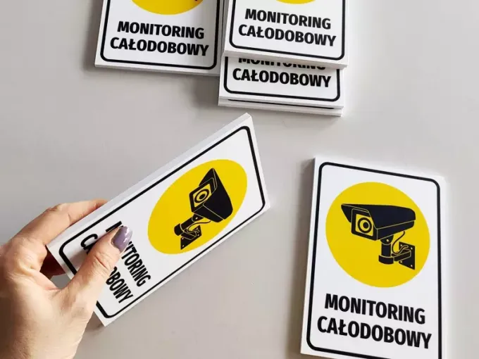 Surveillance Monitoring Sign - Graphic Design. Rectangular sign with a camera icon on a yellow background.