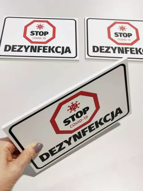 Stop Disinfection Sign T427 - Rectangular sign with red stop symbol and black text.