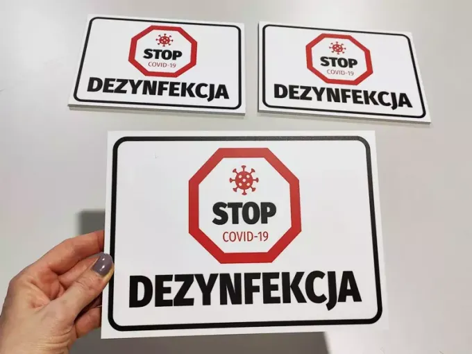 Stop Disinfection Sign T427 - Rectangular sign with a red stop symbol and black text.