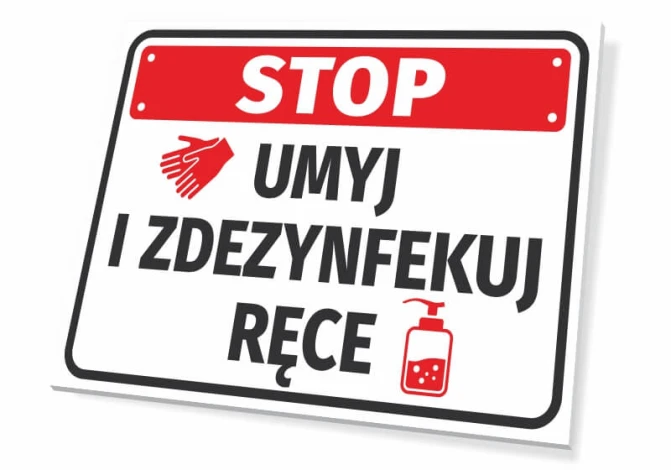 Handwashing and disinfecting sign - Graphic design with red STOP text, hands, and a bottle of liquid.