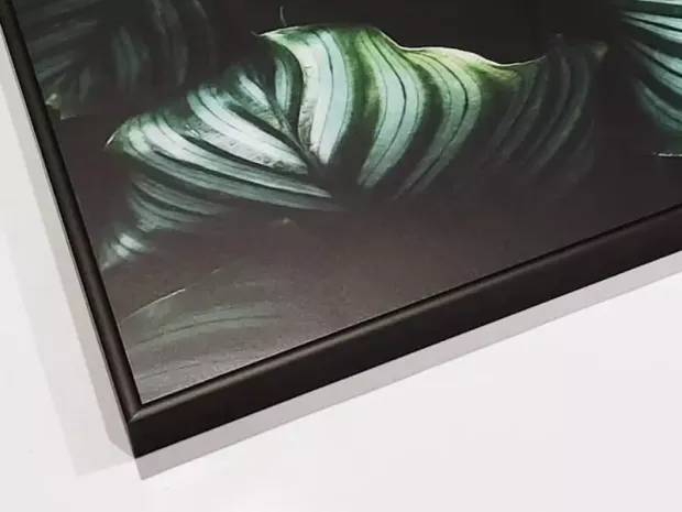 Custom poster 70x100cm in a black aluminum frame - Graphic design. Green leaves on a dark background.