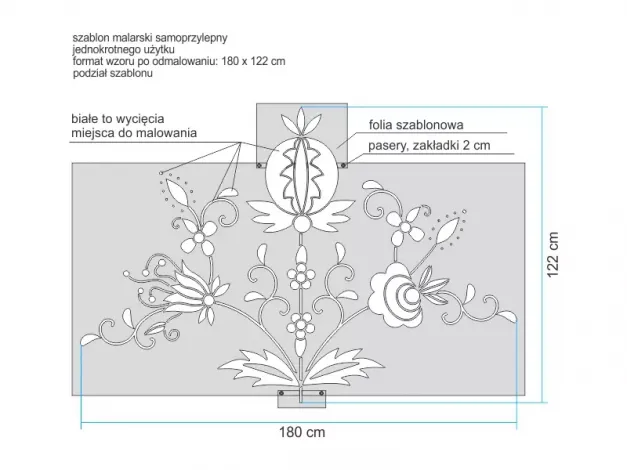 Self-adhesive disposable painting template, 192x130cm, featuring a floral graphic design.