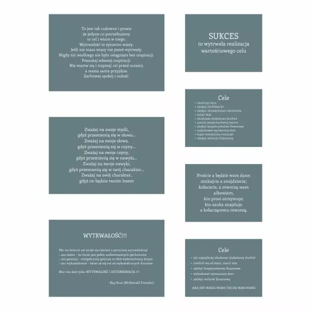 Set of 7 graphic design posters with text in various sizes on a solid background.