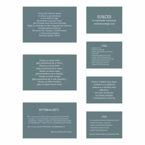 Set of 7 graphic design posters with text in various sizes on a solid background.