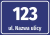 Address label with street and house number - Rectangular sticker with white text on a blue background.