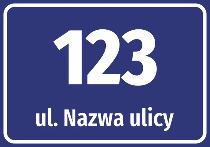 Address label with street and house number - Rectangular sticker with white text on a blue background.