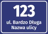 Address label with street and house number - Graphic design. Rectangular sticker with white text on a blue background.