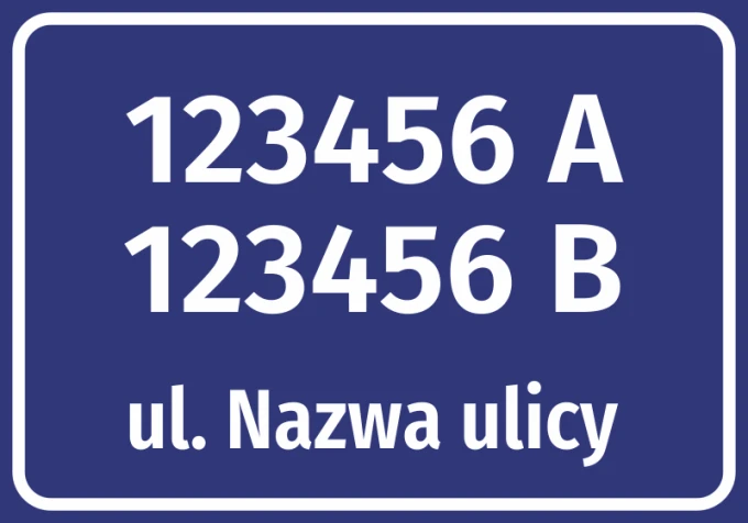Address label with street and house number - Rectangular design with white text on a blue background.